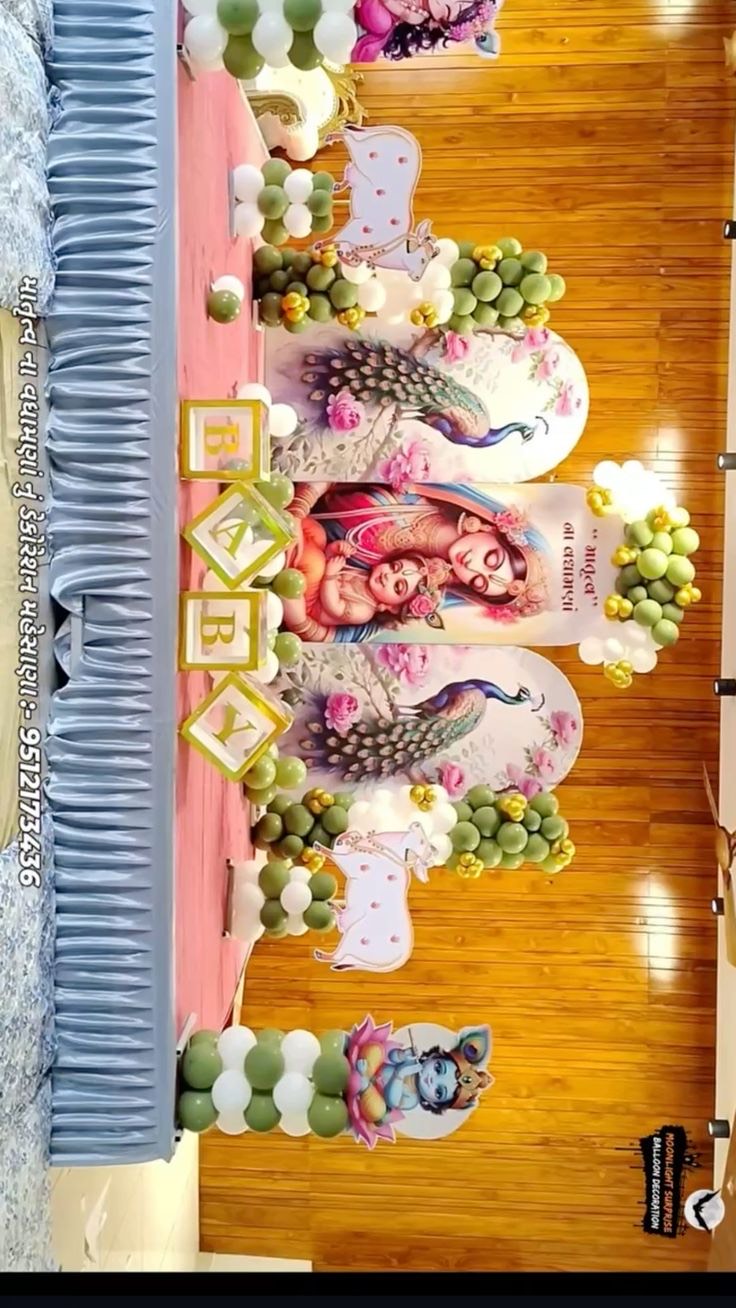 Themed birthday decoration in Hyderabad with character cutouts and a balloon garland