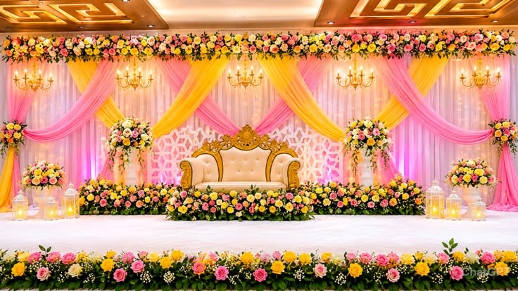 Engagement stage decoration in Hyderabad with a floral backdrop and decorated seating