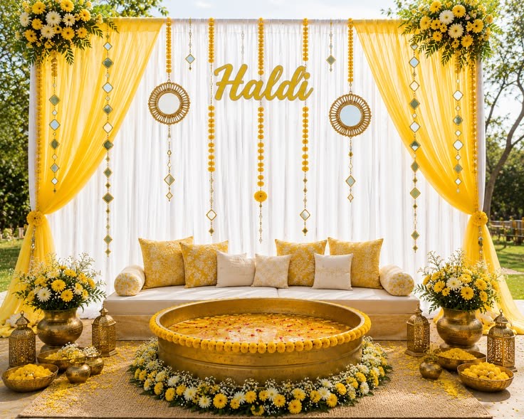 Haldi function setup in Hyderabad with a marigold backdrop and decorated low seating
