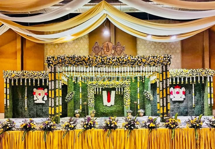 Muhurtham mandap decoration in Hyderabad with jasmine and marigold garland work