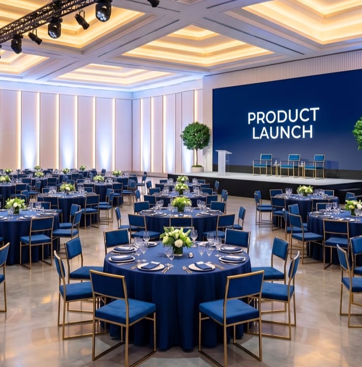 Corporate product launch decoration in Hyderabad with a branded blue stage backdrop, truss lighting and banquet table styling
