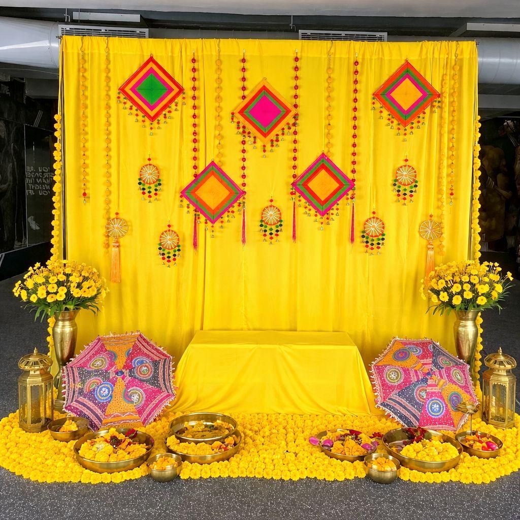 Haldi setup in Hyderabad with yellow drapes and marigold garlands, commonly booked together with the mehndi function